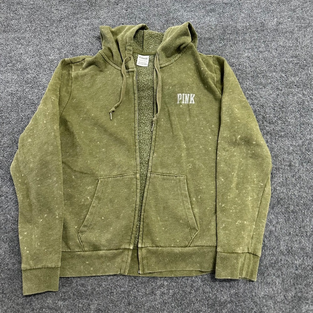 Pink Hoodie Womens XL Olive Green Acid Wash Full Zip Fleece Casual Sweatshirt